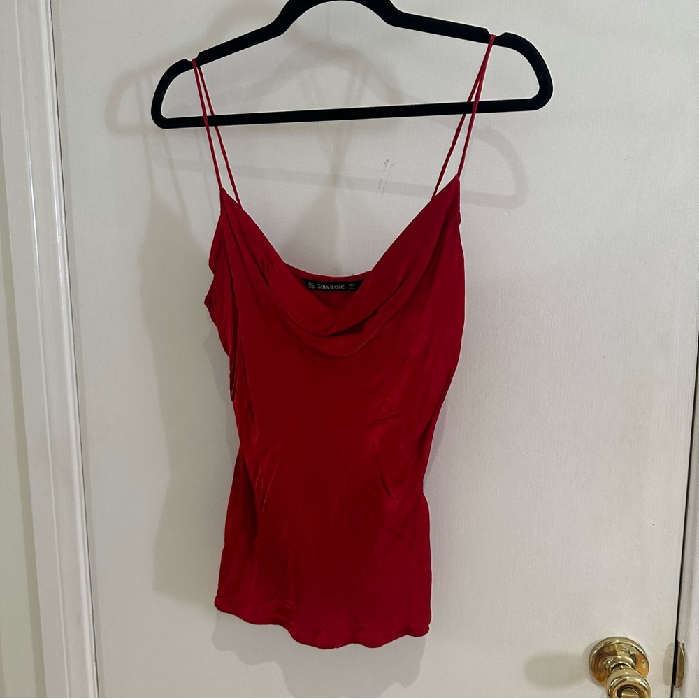 Zara Red satin cowl neck tank top blouse